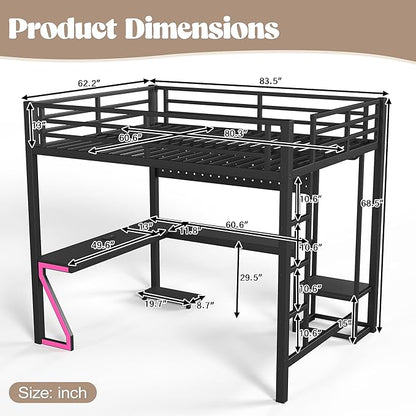 Bellemave Queen Size Loft Bed with Desk and USB Ports, Computer Tray, Peg Board LED, Metal Full Loft Bed Frame for Adults, Kids, Teens, Black