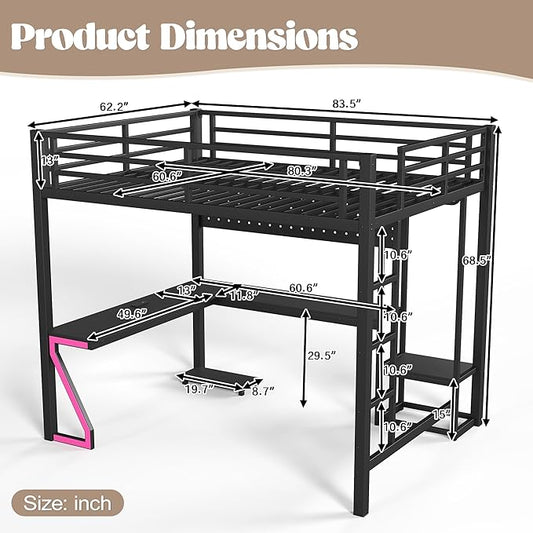 Bellemave Queen Size Loft Bed with Desk and USB Ports, Computer Tray, Peg Board LED, Metal Full Loft Bed Frame for Adults, Kids, Teens, Black
