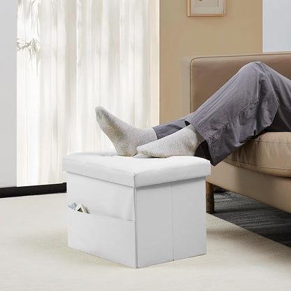 Bsketa Storage Ottoman Foot Rest Stool, Small Leather Storage Ottomans Bench, Folding Footstool with Side Pockets, Foot Rest Under Desk for Living Room Bedroom, 17x13x13 in, White