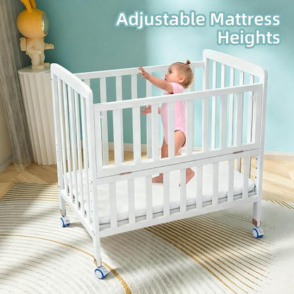 Flwrgirl Mini Baby Crib with Mattress,Portable Bedside Sleeper & Bassinet,6 Adjustable Heights,Wood Nursery Crib with Locking Wheels,Compact Baby Bed for Newborns & Infants,White