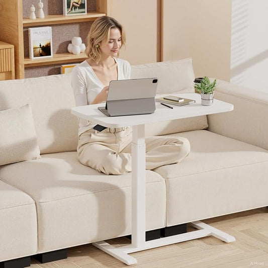 GTPLAYER Small Standing Desk with Hidden Wheels, Pneumatic Mobile Rolling Laptop Desk, Adjustable Height Overbed Bedside Table Computer Workstation for Home Office (28" W x 16" D, White)