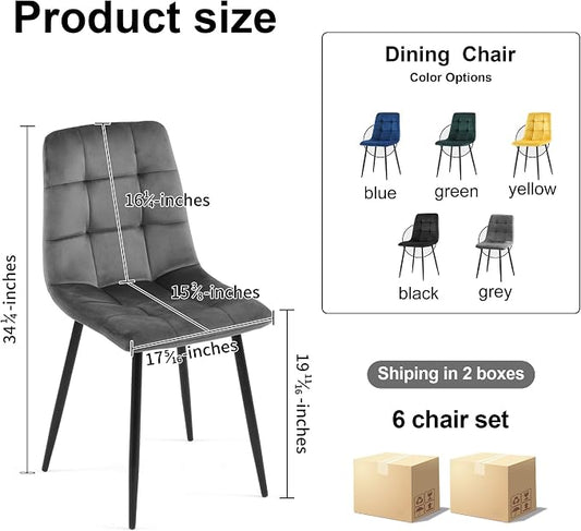 NORDICANA Grey Velvet Dining Chairs Set of 6, Upholstered Tufted Kitchen Chairs, Comfortable Seat, Metal Leg, Easy Assembly
