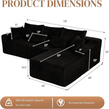 110" L Shaped Cloud Boneless Sectional Couches for Living Room, Modern Comfy Modular Deep Seat Memory Foam Compressed Corduroy Sofa Oversized Right Facing Chaise, No Assembly Required, Balck