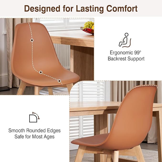 VECELO Dining Chairs Set of 4, Mid-Century Modern Kitchen & Dining Room Chairs, Molded Plastic Seat & Back, Solid Wood Legs, Armless, Non-Slip Feet, Orange