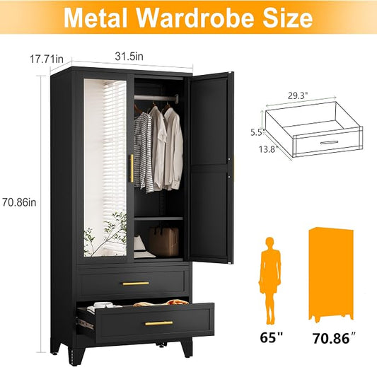 Ckzbx 71" H Metal Armoire Wardrobe Closet with Mirror, Adjustable Shelve, Clothes Drying Pole, Steel Wardrobe Cabinet for Bedroom (Black 2 Drawers)