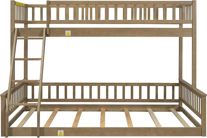 Wood Bunk Bed Twin XL Over Queen Size with Safety Guardrails, Detachable Design Floor Bunk Bed Frame for Kids Teens Boys Girls, Sturdy Slat Support (Walnut-9.30)