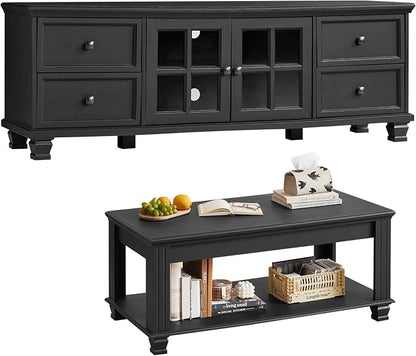 SAVOR LIFE Farmhouse Coffee Table and TV Stand Set of 2, Rustic Wood Living Room Table Set 2 with Center Table, TV Console for Living Room, Black