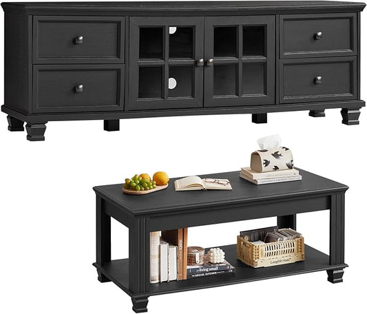 SAVOR LIFE Farmhouse Coffee Table and TV Stand Set of 2, Rustic Wood Living Room Table Set 2 with Center Table, TV Console for Living Room, Black