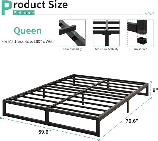 Lutown-Teen 9 Inch Queen Size Bed Frame Heavy Duty Steel Slat Support Metal Platform Queen Bed Frame No Box Spring Needed, Easy Assembly, Black