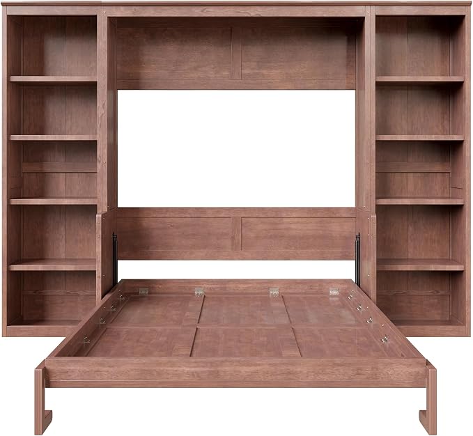 MERITLINE Full Murphy Bed with Desk and Storage Shelves, Solid Wood Vertical Murphy Wall Bed Cabinet with Storage Bookshelves Bookcase for Living Room, Guest Room (Full,Dark Brown)