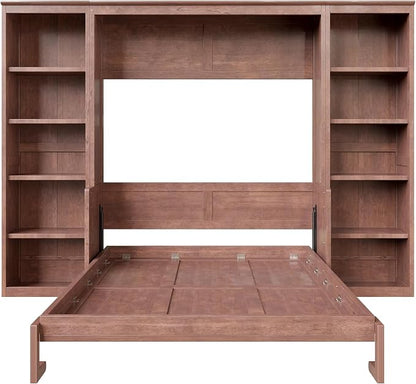 MERITLINE Full Murphy Bed with Desk and Storage Shelves, Solid Wood Vertical Murphy Wall Bed Cabinet with Storage Bookshelves Bookcase for Living Room, Guest Room (Full,Dark Brown)