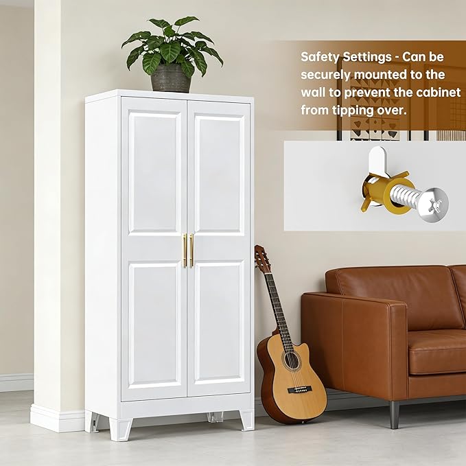 61.4" H Metal Pantry Cabinet with 3 Adjustable Shelves, Kitchen Pantry Cabinet with 2 Doors, Freestanding Food Cabinet for Kitchen, Home, Assembly Required, White