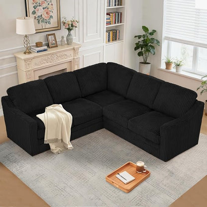 89 Inches Corduroy Sectional Sofa with High Density Sponge, Modern 5 Seats Corner Couch with Deep Seat, Comfy Modular L Shaped Couch with Comfortable Back Cushions for Living Room, Black
