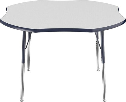 FDP Clover Activity School and Office Table (48 x 48 inch), Standard Legs with Swivel Glides for Collaborative Seating Environments, Adjustable Height 19-30 inches - Gray Top and Navy Edge
