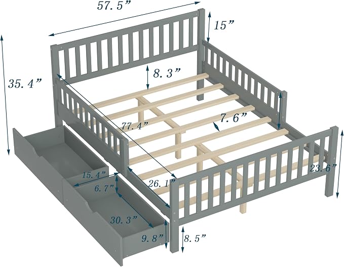 Bellemave Kids Full Size Bed Frame with Storage Drawers, Wood Full Bed Frames for Kids, Full Bed Frame with Headboard and Footboard for Boys Girls, No Box Spring Needed,Gray
