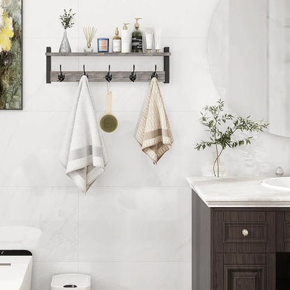 Homode Wall Hooks With Shelf, 24 Inch Coat Rack Wall Mount for Entryway, Clothes, Backpack, Key, Purse - Floating Shelf Hanging in Bathroom, Bedroom, Hallway, Rustic Grey
