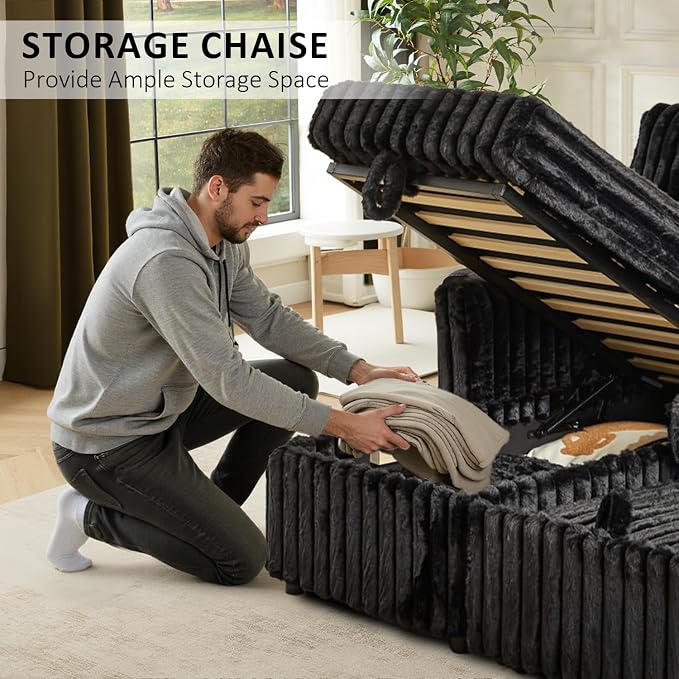 KCGKCG Sleeper Sofa Bed, 81” Pull Out Couch Bed with Reversible Storage Chaise, 3 in 1 L-Shaped Couch with Charging Station, Cup Holder, Side Pocket, Plush Corduroy Couches for Living Room(Black)