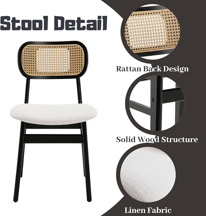 ROCITY Rattan Dining Chairs Set of 4 Black Linen Fabric Dining Room Chairs Natural Wooden Kitchen Chairs Farmhouse Boho