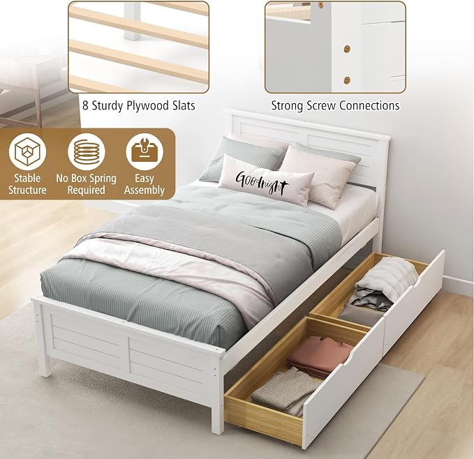 KOMFOTT Twin Size Wood Bed Frame with 2 Storage Drawers, Mid Century Platform Bed Frame with Headboard, Sturdy Wooden Slats Support, Modern Mattress Foundation, No Box Spring Required, Easy Assembly