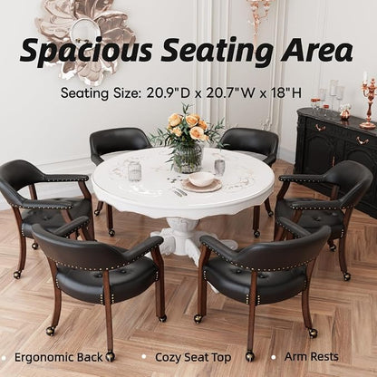 LEEMTORIG Set of 4 Large Dining Chairs with Casters and Arms, Rolling Dining Chairs with Wheels, Accent Game Table Chairs, 26“Dx25.2 Wx31.5“H, Cherry Legs & Black SY-1533-BK