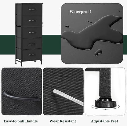 5 Drawers Dresser for Bedroom, Fabric Storage Tower Organizer with Wooden Top and Steel Frame, Tall Chest of Drawers for Closet, Entryway, Dorm, Black