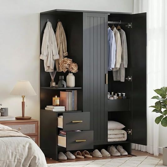 Gyfimoie Modern Wardrobe Closet with 2 Doors & 2 Drawers, 67.8" Tall Armoire Wardrobe with Open Shelves, Freestanding Wardrobe for Bedroom, Wooden Wardrobe Combination for Hanging Clothes (Black)