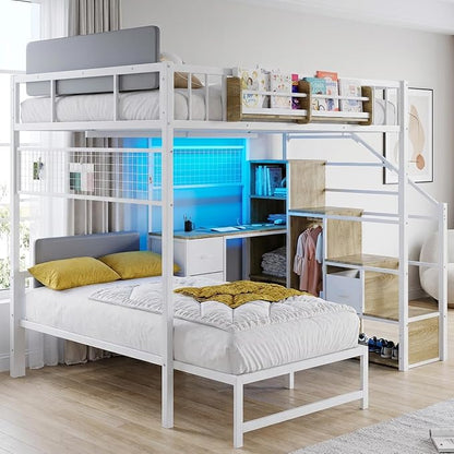 Kikihouse Full Over Twin Loft Bunk Bed with Desk, Stairs, Drawers & Storage Shelves, L-Shaped Metal Bunk Bed with Charging Station & LED Light for Kids, Teens, Adults (Full Over Twin)
