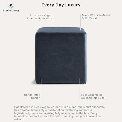 Studio Living® 18” Warren Ottoman Square Faux Leather Bench, Stationary Ottomans, Backless Chair, Footrest for Living Room, Footstool Office, Bedroom, Padded Seat, Navy Blue