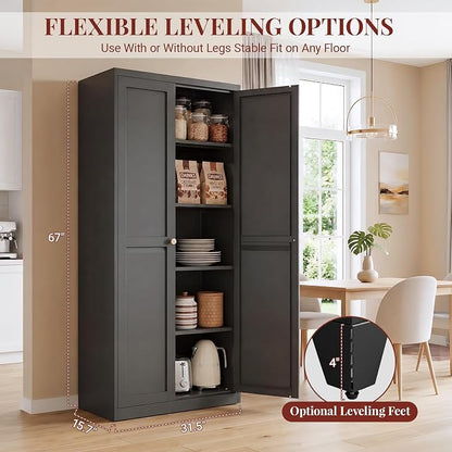 71" Metal Kitchen Pantry Cabinet with Dual Handles & Adjustable Legs, Freestanding Storage Cabinet with Doors and 4 Adjustable Shelves, Tall Food Pantry for Kitchen Dining Room, Black