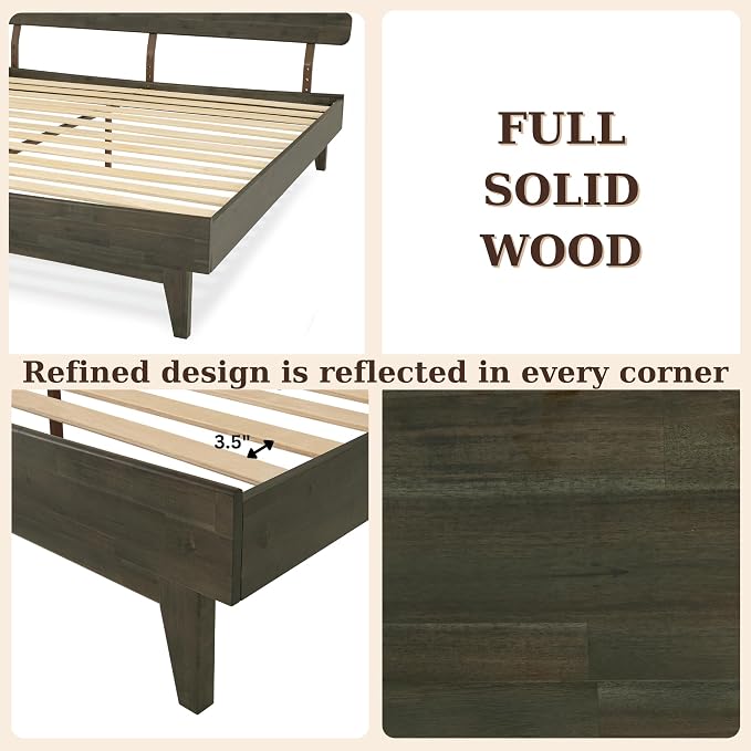 Bme Caden King Size Bed Frame and Adjustable Headboard, 15 Inch Mid Century Retro Style - Solid Acacia Wood - No Box Spring Needed - 12 Strong Wood Slat Support - Easy Assembly - Charcoal Mocha