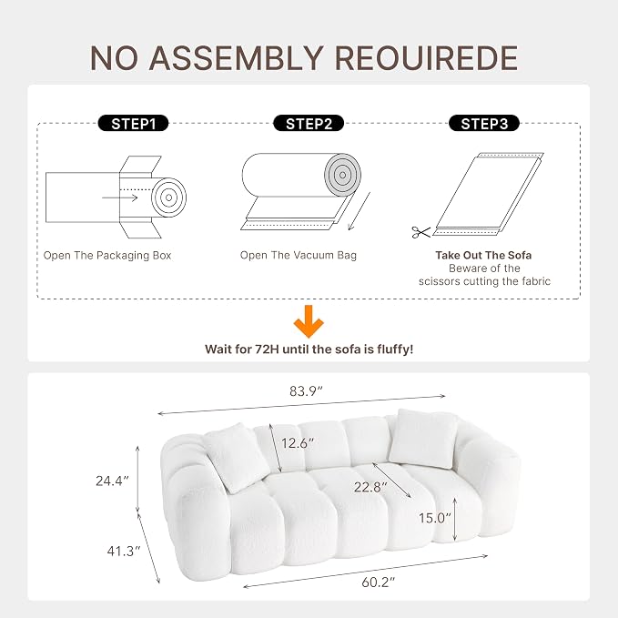KISLOT 84" Boneless Couch No Assembly Required Loveseat Sofa Modern Deep Seat Cloud Couch Modern Compressed Sofa Oversized Upholstered 3-Seater for Living Room Bedroom