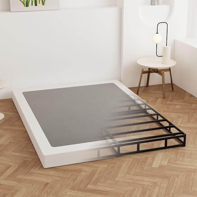 Maenizi Cal King Box Spring 4 Inch Low Profile, Heavy Duty Metal Box Spring Bed Base with Fabric Cover, Mattress Foundation, Easy Assembly, Noise Free, Black