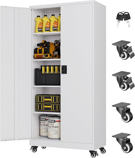 Metal Storage Cabinet with Wheels, Tall Garage Storage Cabinet with 4 Adjustable Shelves and 2 Doors, Lockable Tool Cabinet for Garage Home Office,Gym,School (White)