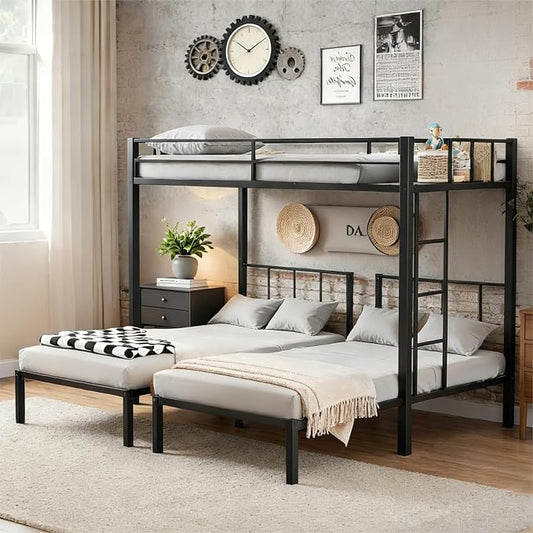 Mixcous Triple Bunk Bed Twin XL Over Twin & Twin, Heavy Duty Metal Bed Convertible to 3 Beds for Teens & Adults, Bunk Bed Frame with Adjustable Ladder, Noise-Free, Ideal for Space-Saving Needs, Black | Converts to 3 beds