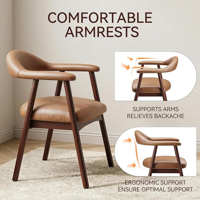 MALOL Leather Dining Chair with Armrest Set of 2, Upholstered Dining Room Chair with Curved Back and Wood Legs, Mid Century Modern Kitchen Chairs for Kitchen Dining Room,Brown