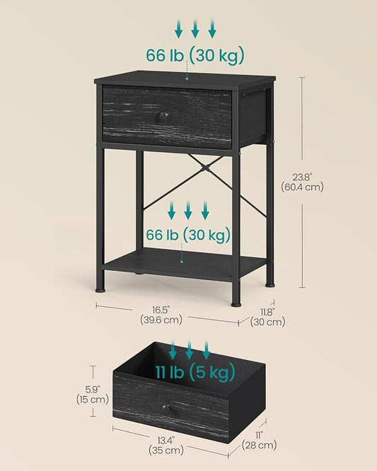 SONGMICS Bedside Table, Side Table with Drawer, Nightstand with Lower Shelf, for Bedroom, Living Room, 11.8 x 15.6 x 23.8 inches, Set of 2, Ebony Black, BELLAH Collection ULGS111B201S