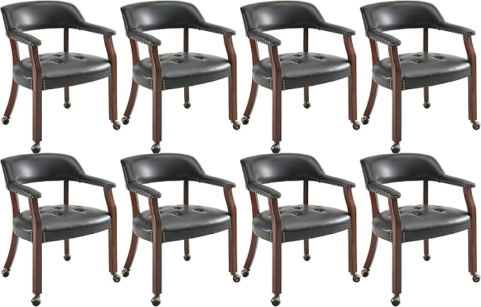 LEEMTORIG Set of 8 Large Dining Chairs with Casters and Arms, Rolling Dining Chairs with Wheels, Accent Poker Game Chairs, Wood Office Chairs, Cherry Legs & Black SY-1533-BK