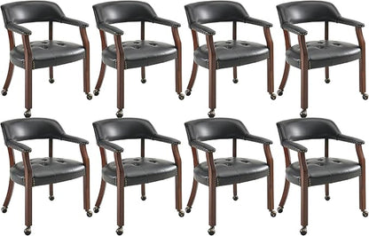 LEEMTORIG Set of 8 Large Dining Chairs with Casters and Arms, Rolling Dining Chairs with Wheels, Accent Poker Game Chairs, Wood Office Chairs, Cherry Legs & Black SY-1533-BK