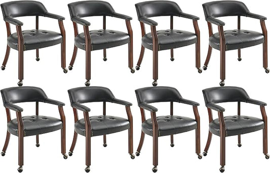 LEEMTORIG Set of 8 Large Dining Chairs with Casters and Arms, Rolling Dining Chairs with Wheels, Accent Poker Game Chairs, Wood Office Chairs, Cherry Legs & Black SY-1533-BK