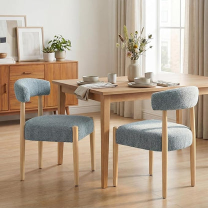 VKNOW Wooden Dining Chairs Set of 4 with Curved Open Back, Blue | Natural Rubberwood Legs, Soft Chenille Fabric, Thickened Cushion, For Adults and Family, Dining Room, Kitchen, No Wobble