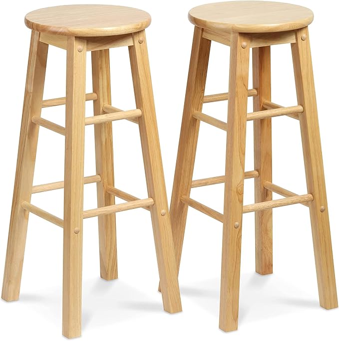 PJ Wood Classic Round Seat 29" Tall Kitchen Counter Stools for Homes, Dining Spaces, and Bars with Backless Seats & 4 Square Legs, Natural (Set of 4)