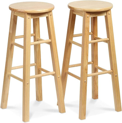 PJ Wood Classic Round Seat 29" Tall Kitchen Counter Stools for Homes, Dining Spaces, and Bars with Backless Seats & 4 Square Legs, Natural (Set of 4)