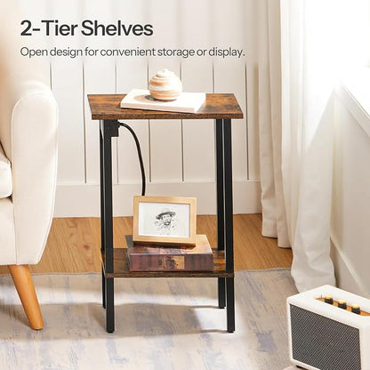 HOOBRO Narrow Side Tables, Set of 2, 2-Tier Slim End Tables with Charging Station, Skinny Nightstands with Open Storage, for Small Spaces, Living Room, Bedroom, Rustic Brown and Black BF240UBZP201