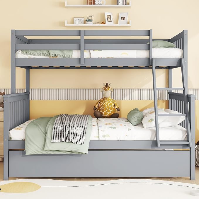 Harper & Bright Designs Convertible Wood Twin-Over-Full Bunk Bed with Trundle and Ladder - Can Be Divided Into Two Platform Beds, Grey