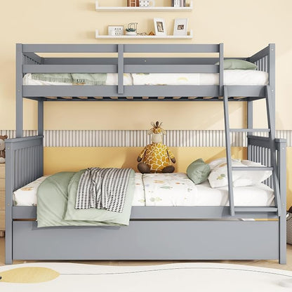 Harper & Bright Designs Convertible Wood Twin-Over-Full Bunk Bed with Trundle and Ladder - Can Be Divided Into Two Platform Beds, Grey