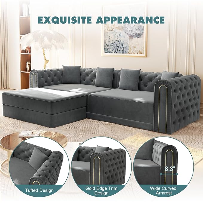 90.6'' Velvet Folding Floor Sofa Bed - 3-in-1 Convertible Sleeper Couch with Ottoman, Button Tufted Chesterfield Sofa, Pull-Out King Size Couch Bed for Apartments, Living Room, Dark Grey | 3-in-1 Convertible