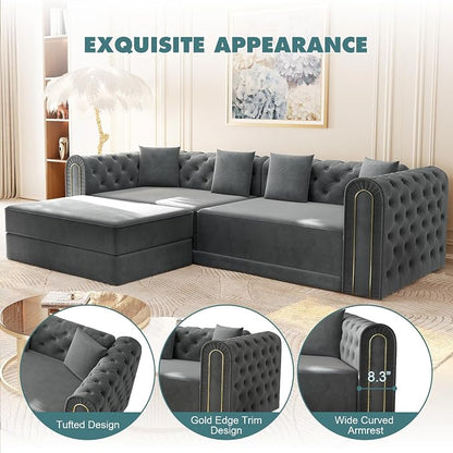 90.6'' Velvet Folding Floor Sofa Bed - 3-in-1 Convertible Sleeper Couch with Ottoman, Button Tufted Chesterfield Sofa, Pull-Out King Size Couch Bed for Apartments, Living Room, Dark Grey | 3-in-1 Convertible