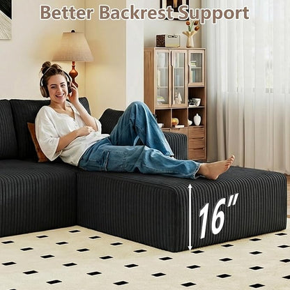 95" Cloud Sectional Couch U-Shaped Chaise with Ottoman, Corduroy Boneless Couch for Living Room Bedroom, Deep-Seat Upholstered Modular Cloud Sofa, No Assembly Required (Black, Right Facing Chaise)