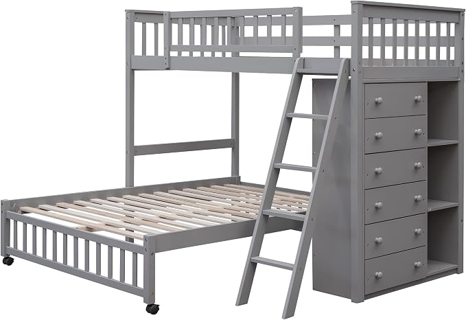 Merax Twin Over Full Bunk Bed with 6 Drawers and 3 Flexible Shelves, Wooden Bunk Bedframe with Storage and Movable Lower Bed, No Box Spring Needed