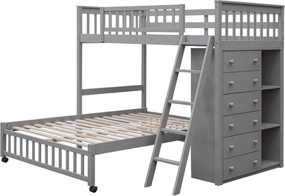 Merax Twin Over Full Bunk Bed with 6 Drawers and 3 Flexible Shelves, Wooden Bunk Bedframe with Storage and Movable Lower Bed, No Box Spring Needed
